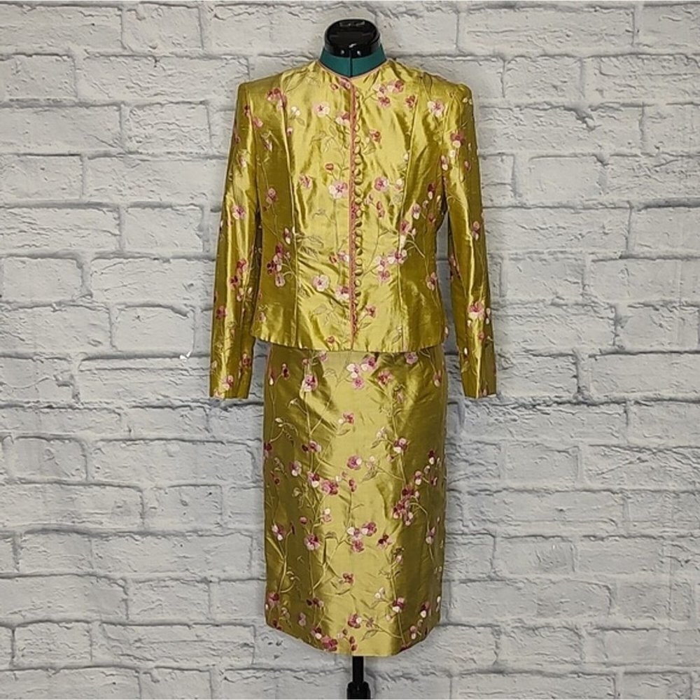 VINTAGE Frank Agostino custom made silk embroidered 2 piece skirt suit Sz S